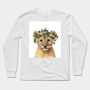 Baby Lion with Flower Crown, Baby Girl, Pink Nursery, Baby Animals Art Print by Synplus Long Sleeve T-Shirt